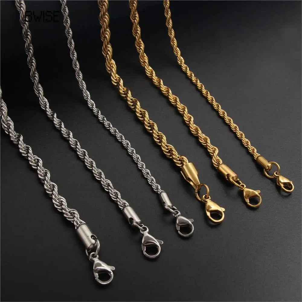 Bwise 3/4mm 316L Rope Chain Necklace Stainless Steel Never Fade Choker Waterproof Men Women Jewelry Gold Color Chains Gift