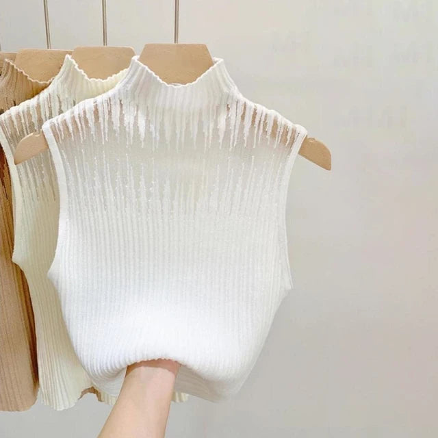 Women's Korean Knitted Half High Neck Vest Summer Sleeveless Solid Color Thin Tank Top 