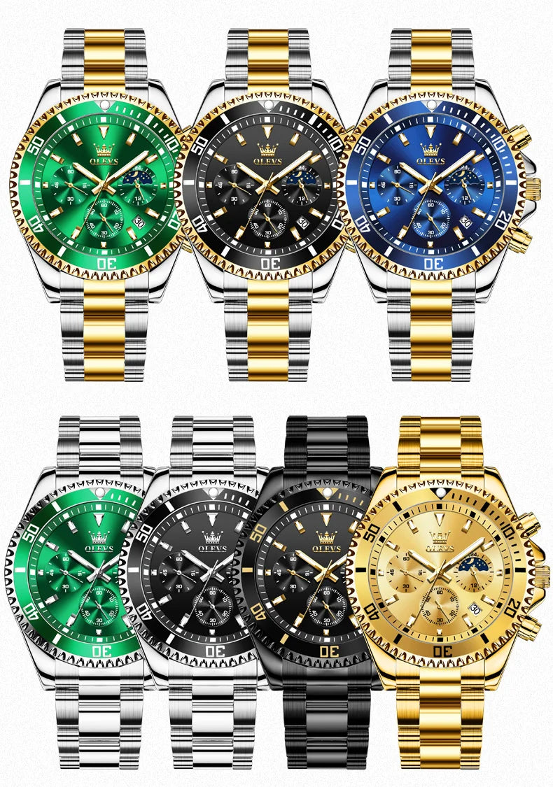OLEVS 2870 Men's Watch Top Brand Luxury Watch for Men Original Waterproof Stainless Steel Chronograph Moon Phase Date Rota Dial