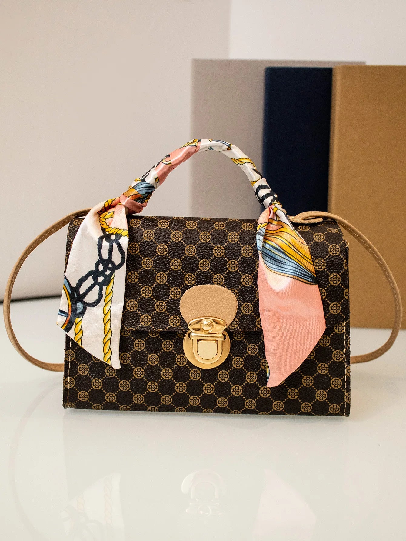 Casual Versatile Floral Print Shoulder Bag Simple Design Silk Scarf Handbag Fresh Sweet Style PVC Material Small Square Bag