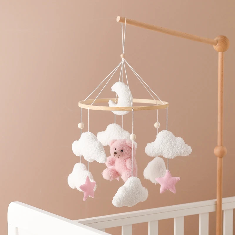 Baby Crib Mobile Rattle Toy Wooden Bed Bell Mobile Hanging Teddy Velvet Bear Doll Toy Newborn Music Box Crib Mobile Bracket Gift