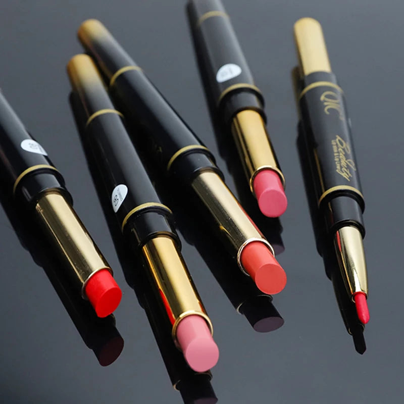 Delineador de labios 2 en 1, resistente al agua, mate, lápiz labial, rojo sexy, de larga duración, maquillaje, cosméticos