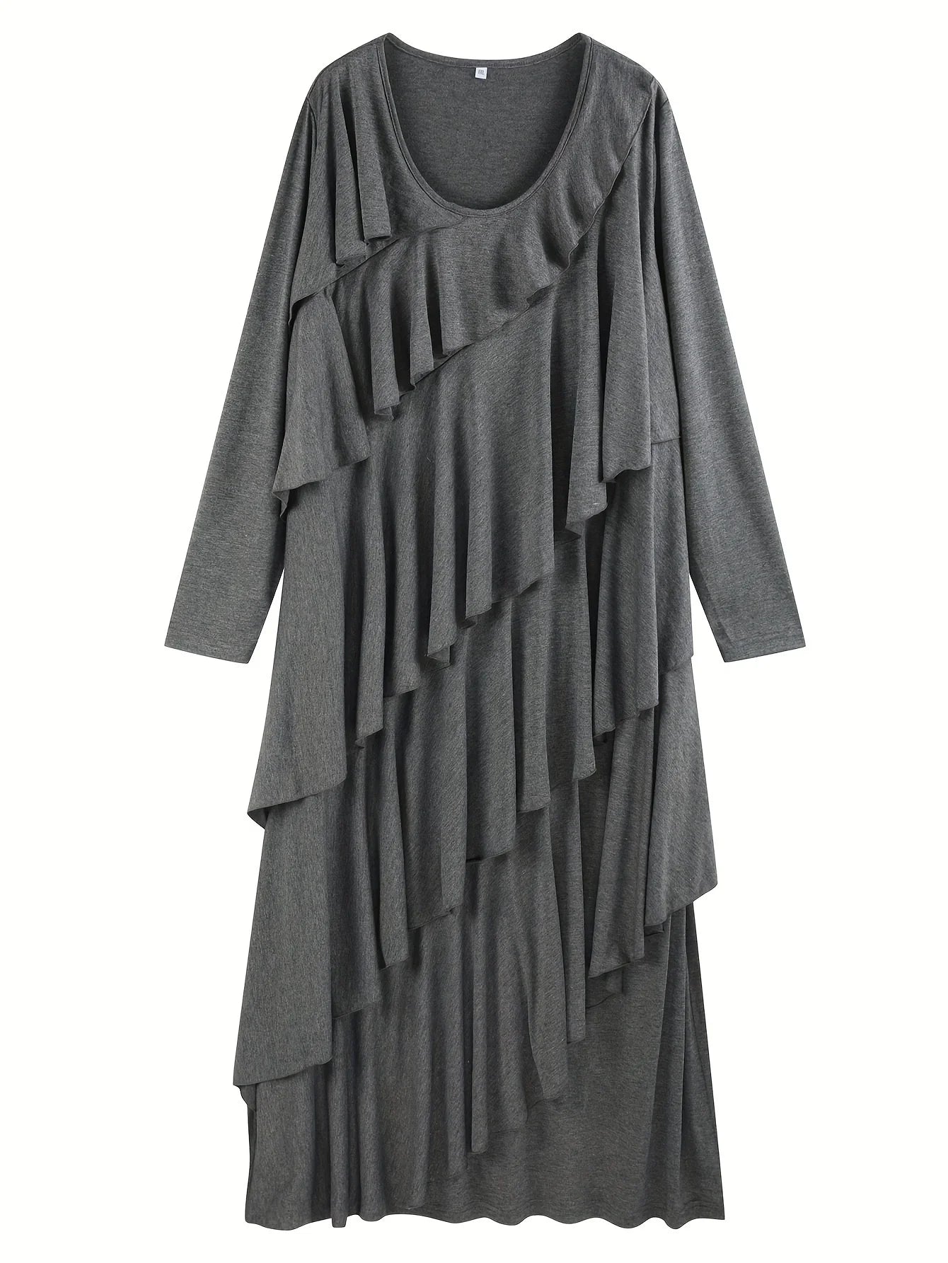 Vestido de talla grande con ribete de volantes, vestido informal de manga larga con cuello redondo, ropa de talla grande para mujer