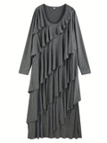 Vestido de talla grande con ribete de volantes, vestido informal de manga larga con cuello redondo, ropa de talla grande para mujer