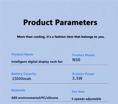 15000mah Portable Neck Fan Smart Digital Display USB Rechargeable Outdoors Bladeless Silent Cooling Neck Fan