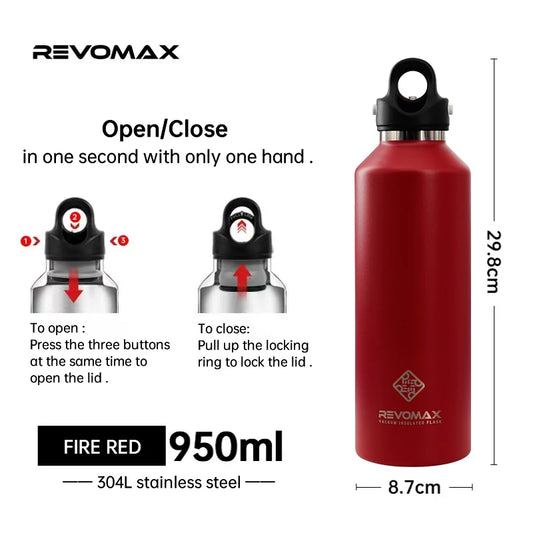 REVOMAX 950ml Tumbler Thermo Bottle Double Wall Stainless Steel Thermal Water Bottle Cold and Hot Thermos Cup Vacuum Flask Gym