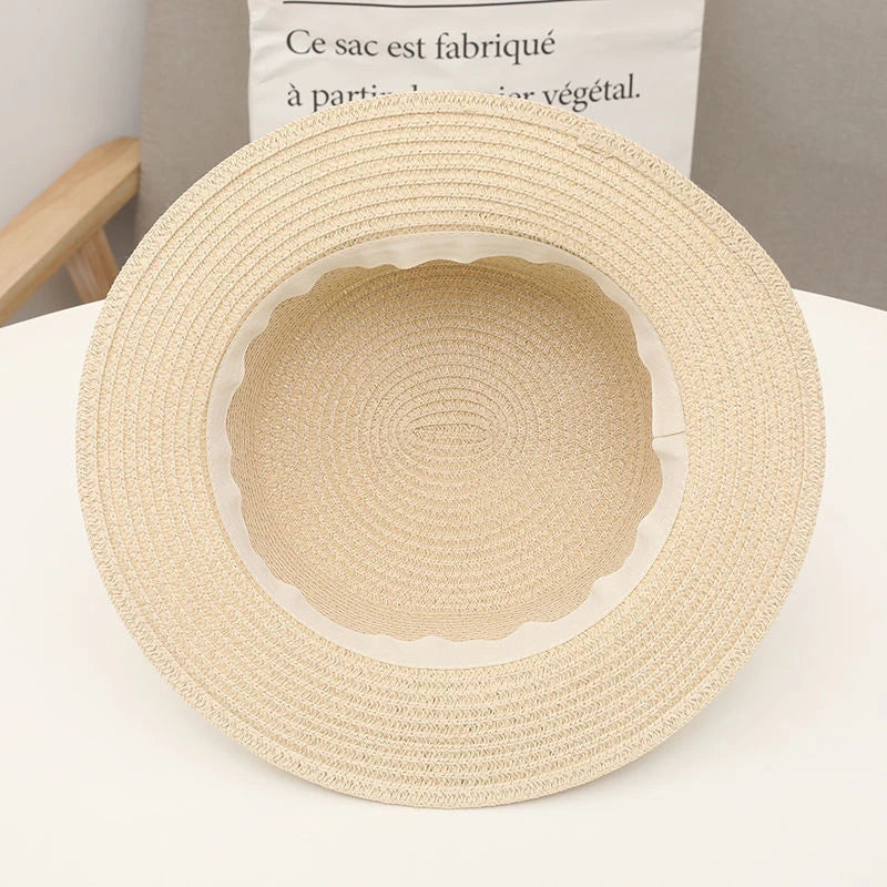COKPanama Simple Summer Beach Sun Protection Bowknot French-Style Small Hat, Women's Casual Flat-Brimmed Straw Hat with Bow