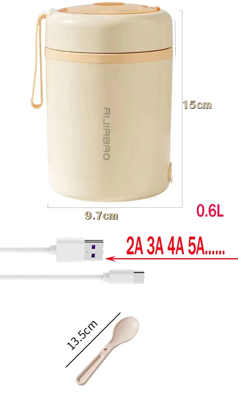 Fiambrera eléctrica portátil con calefacción USB de 600 ml, para picnic, leche, bebidas, calentador de alimentos, de acero inoxidable, 5 V, 12 V y 24 V.
