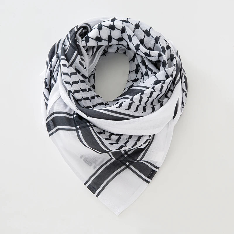 Bufanda clásica palestina con estampado cuadrado de keffiyeh en blanco y negro para hombre, pañuelo para la cabeza estilo shemagh, pañuelo islámico árabe para el cuello y la cabeza.