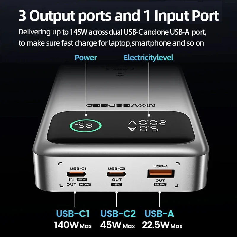 MOVESPEED M25Pro 25000mAh Power Bank 140W Type C PD Fast Charging PowerBank External Portable Charger for MacBook Lenovo Laptop