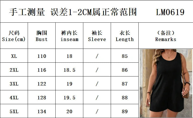 Plus Size Solid Vest Romper Round Neck Jumpsuit With Pockets Elegant Casual Summer Beach Holidays Black Short Jumpsuit For Women