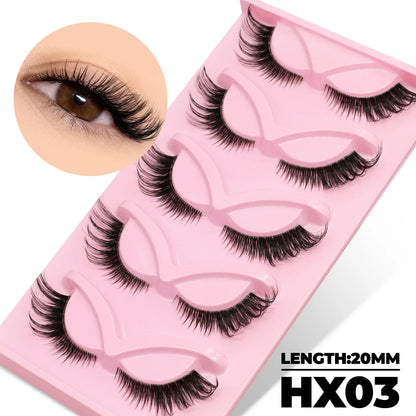 GROINNEYA Cat Eye Lashes 5 Pairs Natural Fake Eyelashes Clear Band Lashes Natural long Winged End Eye Elongated Eyelashes Makeup