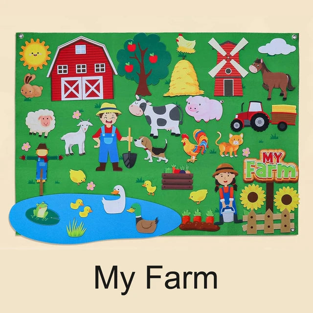 Tablero de cuentos de fieltro para niños, animales de granja, educación preescolar, aprendizaje temprano, tapete interactivo, colgante de pared, regalo para niños 