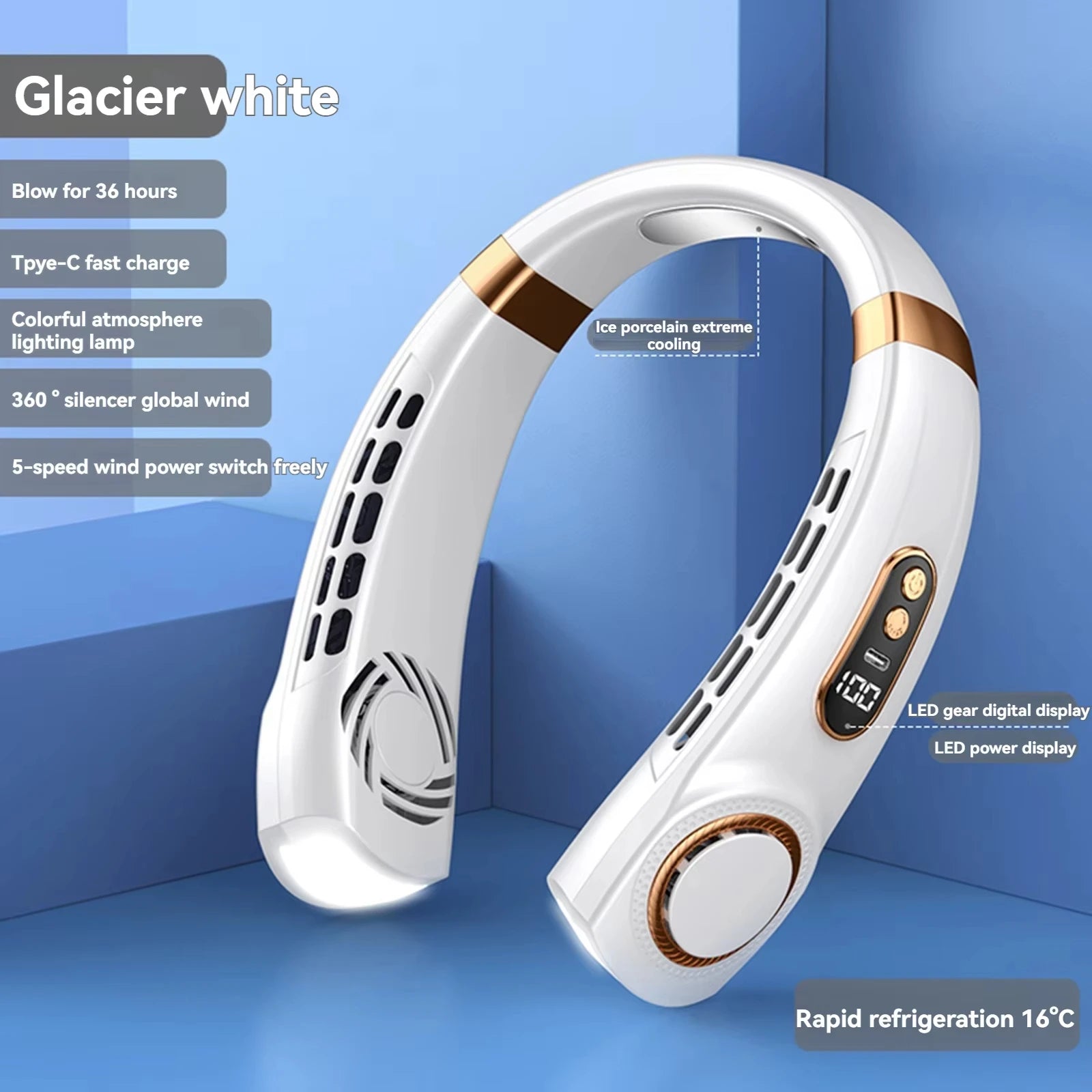 2025 Hanging Neck Fan Portable Bladeless Neck Fan Air Cooler Digital Display Rechargeable Air Conditioner Neck Ventilator