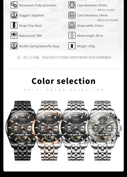 OUPINKE 3251 Skeleton Flywheel Automatic Watch for Men Stainless Steel Waterproof Wristwatch Luxury Sapphire Mirror Men's Watch