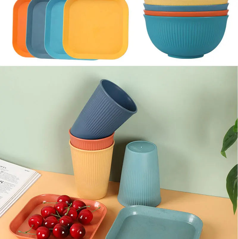 36pcs Plate Sets Wheat Straw Eco-Friendly Ramen Bowl Tableware Dinner Dishes Set Camping Tableware Set With Knife Fork Spoon