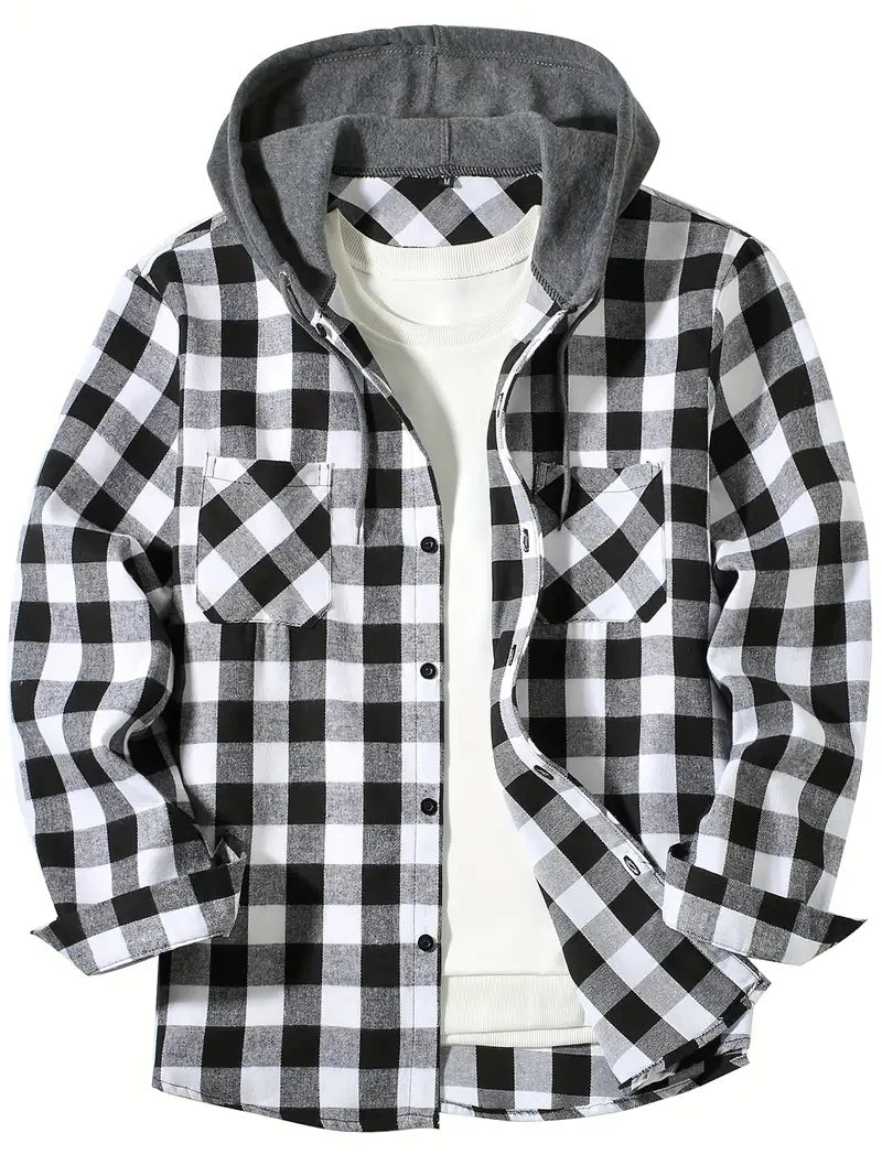 Camisa a cuadros con capucha de moda juvenil para hombre, camisa de manga larga ajustada, camisa informal de viaje para parejas, camisa deportiva para hombre, chaqueta