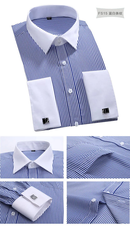 Camisa clásica de vestir para hombre con puños franceses, corte estándar, manga larga, para bodas, fiestas, oficina, trabajo, color blanco