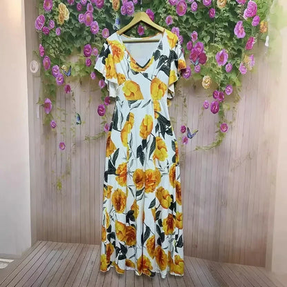 XL-5XL feminino plus size venda quente com decote em v elegante e casual impresso vestido longo com bainha grande para roupas femininas