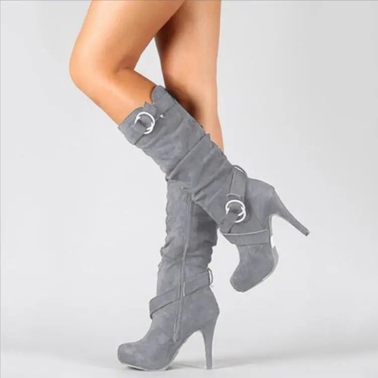 Botas sexis hasta la rodilla para mujer, tacón fino, punta redonda, plataforma, botas de piel sintética a la moda para mujer, talla 34-43