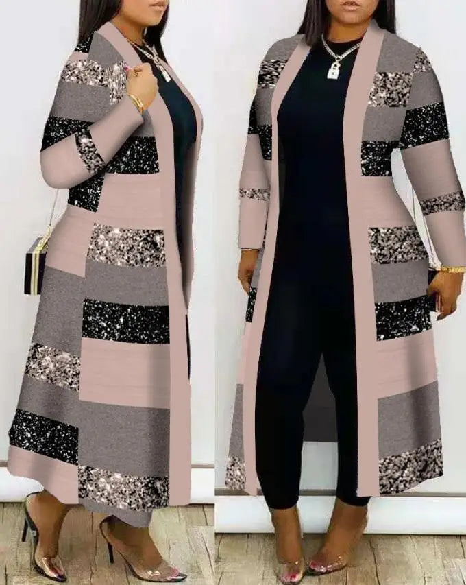 Casual New Fashion 2023 Geometric Print Long Sleeve Open Front Longline Coat Female Clothing Outfits for Women