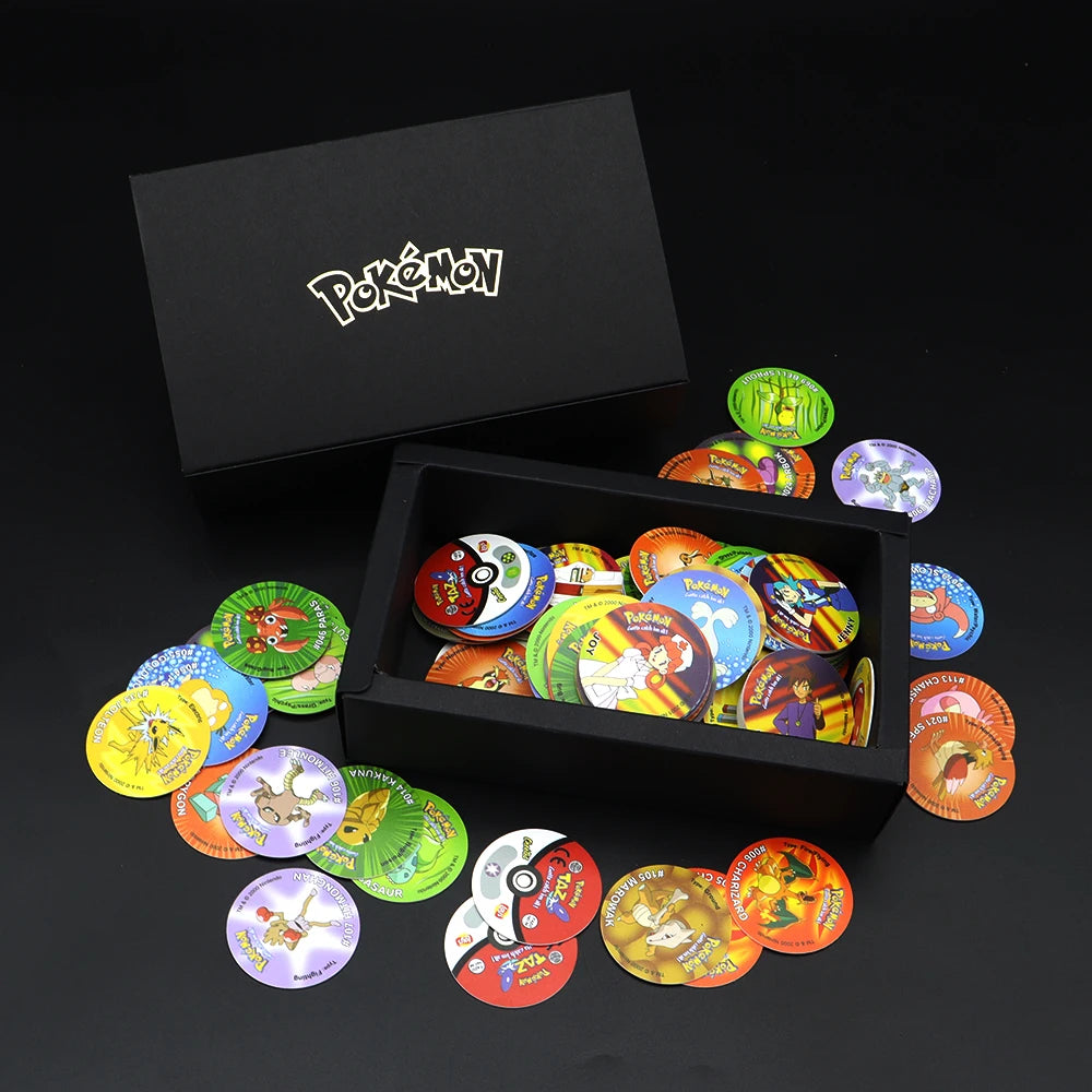 Caja de 100/160 tazos de Pokémon de 1.ª y 2.ª generación, colección de cartas redondas y cuadradas 3D, álbum de entrenadores, Pogs, Cheetos, Chipitaps