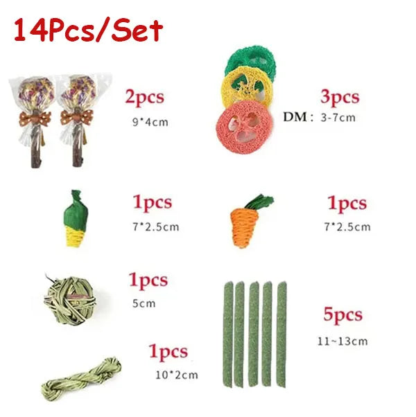 9/14PCS Small Pet Toy Set Chew Toy For Rabbits Teeth Grinding Teeth Guinea Pig Apple Branches Bite Wood Teeth Grinding Snacks