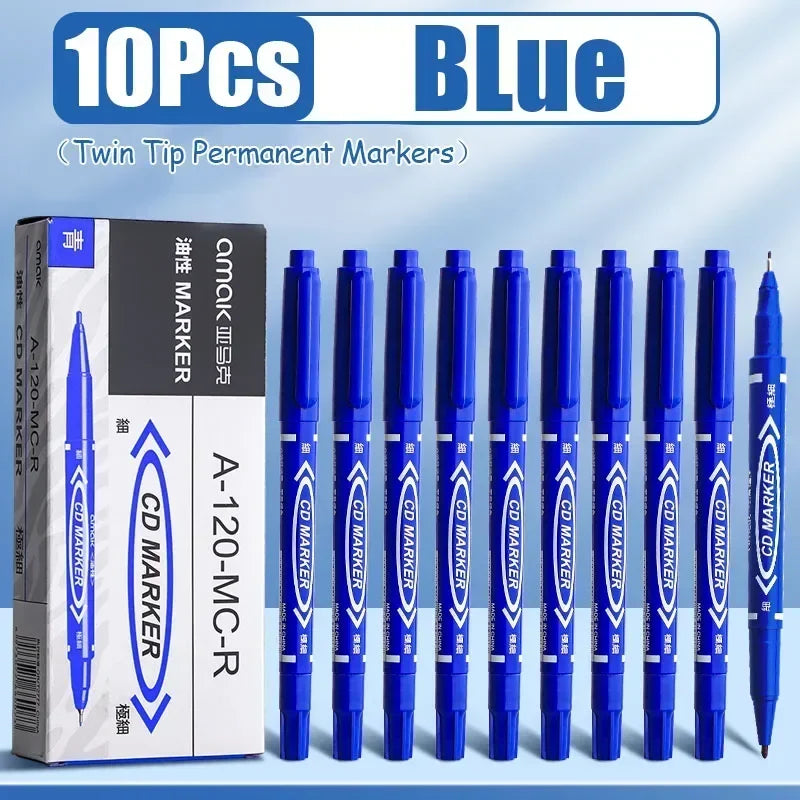 10Pcs Double Tip Permanent Markers Pens Waterproof Oily Fine Tip Black Painting Marker Graffiti Marking Pens School Supplies