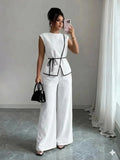 Women's Summer Tie-waist Wide-leg Pants Set Sleeveless Wrap Blazer Top Loose Straight-leg Pants Two-piece Set Comfortable Outfit
