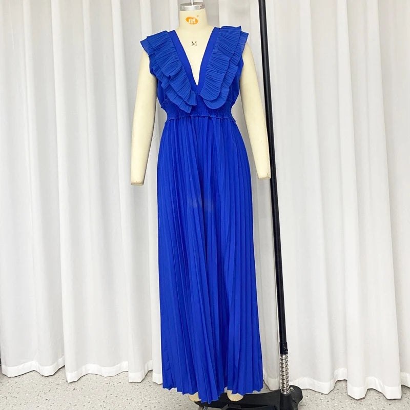 Wefads Jumpsuit Summer Elegant Women's Solid Color Sleeveless V-Neck Ruffled Backless Nipped Waist Wide Leg Loose Pleated Rompers