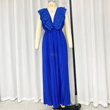 Wefads Jumpsuit Summer Elegant Women's Solid Color Sleeveless V-Neck Ruffled Backless Nipped Waist Wide Leg Loose Pleated Rompers