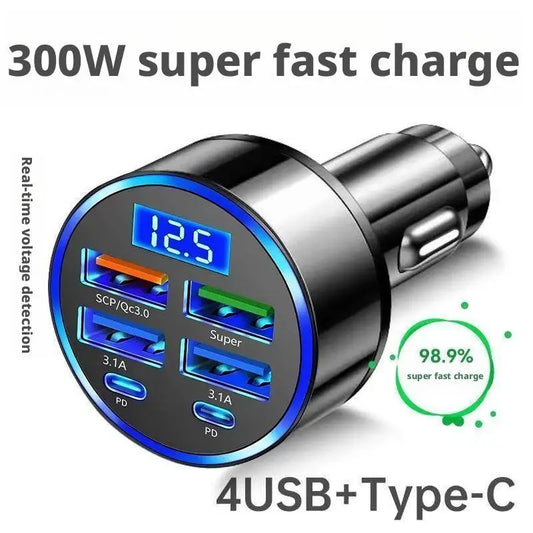 300W PD Car Charger 6 Ports Fast Charging QC3.0 USB C Car Phone Charger Type C Adapter Dual PD Super Fast with Digital Display