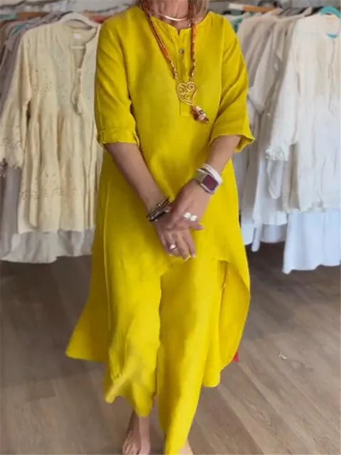 Women's Long-sleeved Cotton and Linen Suit, Pure Color, Casual, Europe and the United States, Beyond Borders, New, Summer, 2024 