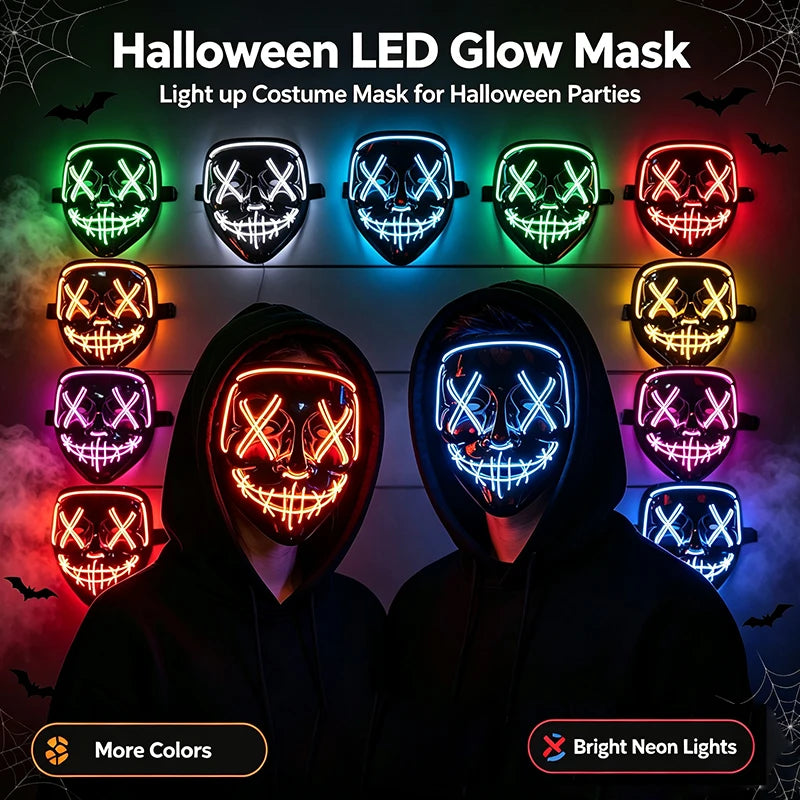 Artigos para Festa de Halloween 2026: Máscara LED Luminosa Estilo "Uma Noite de Crime" (Purge) com Luz Neon EL Sem Fio – Máscara de Rosto Inteiro para Cosplay Adulto (Brilha no Escuro)