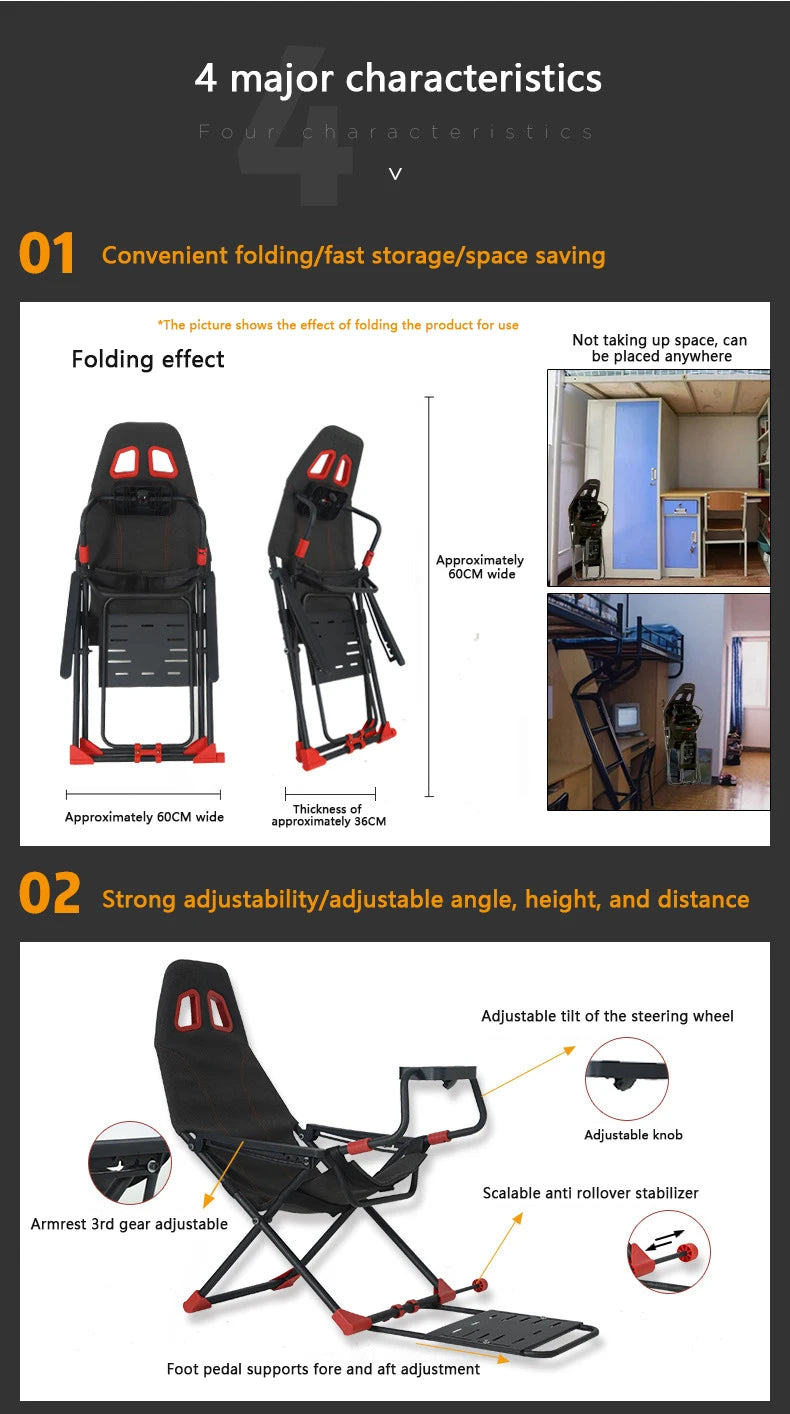 Inicio Simulador de juegos Simulador de carreras plegable Soporte de asiento Soporte de volante Experimentador de juegos de carreras