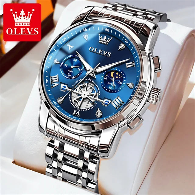 OLEVS 2856 New Men's Watches Luxury Classic Flywheel Design Waterproof Chronograph Moon Phase 24 Hour Quartz Wrist Watch for Men