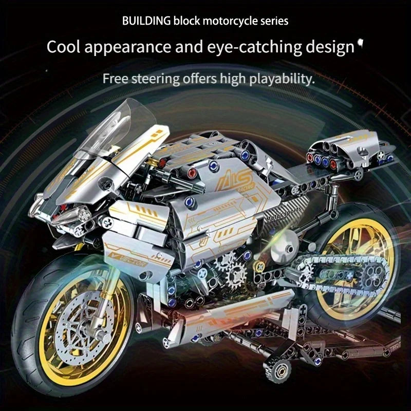 2431 Pieces of White Gold Motorcycle Building Blocks, Easy to Assemble for Ages 14 and Up, Perfect Gift for Birthdays, Christmas, Halloween and New Year Parties