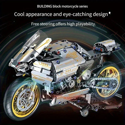2431 Pieces of White Gold Motorcycle Building Blocks, Easy to Assemble for Ages 14 and Up, Perfect Gift for Birthdays, Christmas, Halloween and New Year Parties