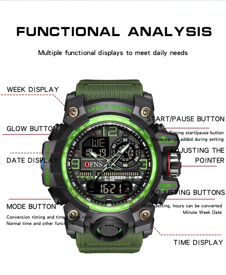 OFNS - Reloj de lujo estilo G para hombre, resistente al agua hasta 50 m, multifunción, deportivo, militar, de cuarzo, con LED digital
