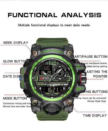 OFNS - Reloj de lujo estilo G para hombre, resistente al agua hasta 50 m, multifunción, deportivo, militar, de cuarzo, con LED digital