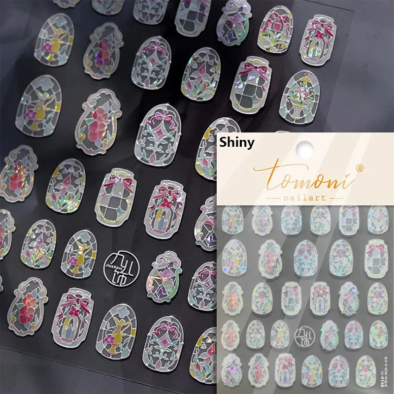 Flash Dreamy Chinese Flower Window Butterfly Glazed Rococo Geometric Frame Stamp Embossed Relief Nail Art Sticker Manicure Decal