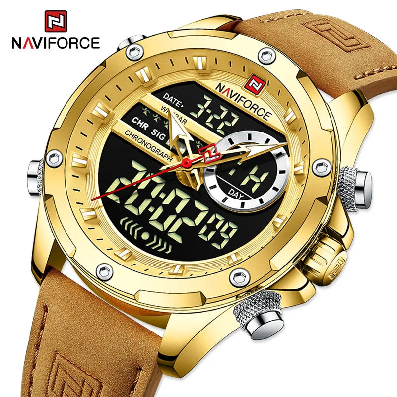 NAVIFORCE Luxury Original Watches For Men Casual Sport Chronograph Alarm Quartz WristWatch Leather Waterproof Digital Clock 9163