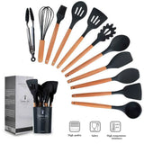 Juego de utensilios de cocina antiadherentes, espátula, pala, batidores de huevos, mango de madera, 12 Uds.