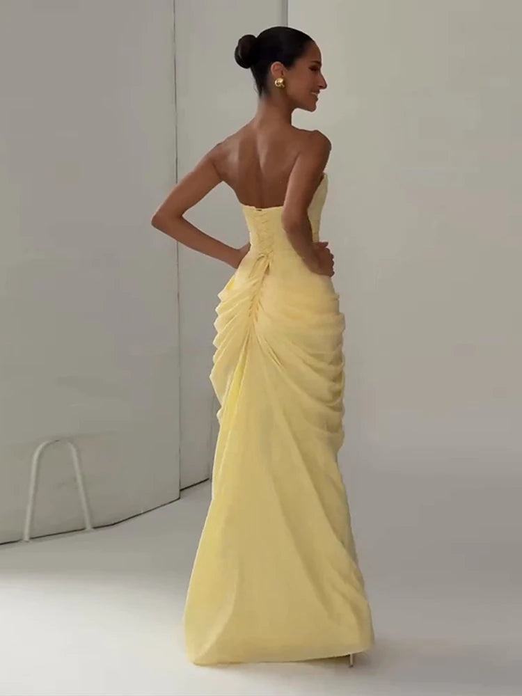 Sexy Solid Pleated Strapless Dress Lady Chic Off-shoulder Backless High Waist Split Dresses Women 2026 New Evening Party Gown