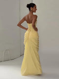 Sexy Solid Pleated Strapless Dress Lady Chic Off-shoulder Backless High Waist Split Dresses Women 2026 New Evening Party Gown