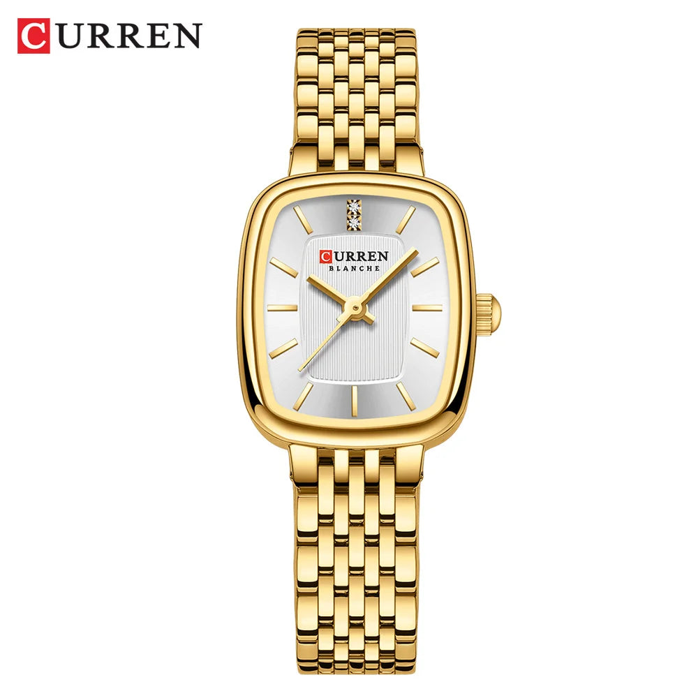 Relógio feminino quadrado dourado em aço inoxidável com calendário