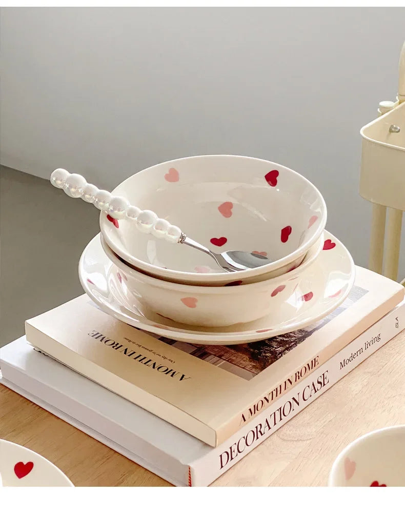 Heart-shaped Ceramic Dinnerware Set, Dinner Plate, Rice Salad Bowl, Coffee Mug, Japanese Love, Warm Gift for Valentine day