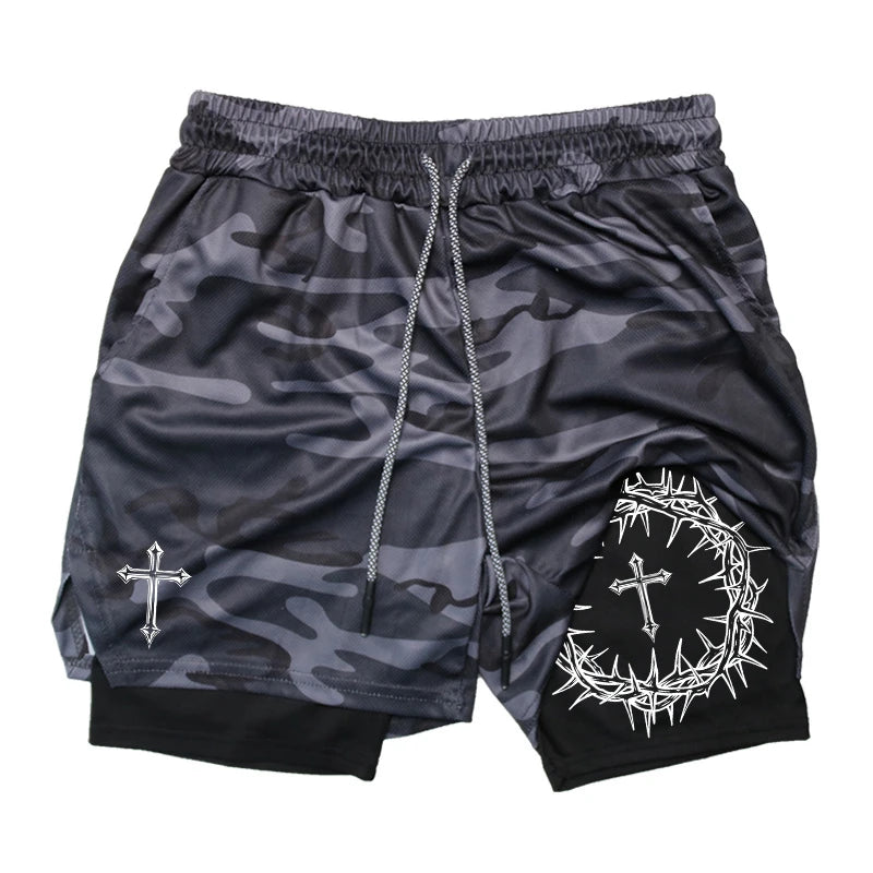 Cross Print 2 in 1 Workout Running Shorts for Men Christian Gym Performance Shorts with Phone Pocket Towel Loop Athletic Outfits