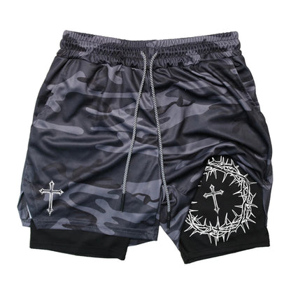 Cross Print 2 in 1 Workout Running Shorts for Men Christian Gym Performance Shorts with Phone Pocket Towel Loop Athletic Outfits