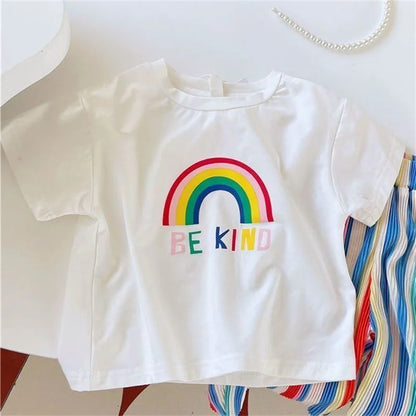 Baby Girls Tops Sets Kids Short-Sleeved Top Striped Trousers 2 Pieces Summer Rainbow Suit New Children's Fashion Casual Outfit